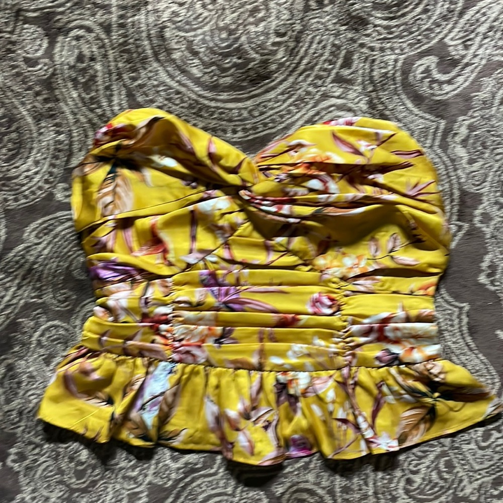 Express Yellow Floral Strapless Peplum Top